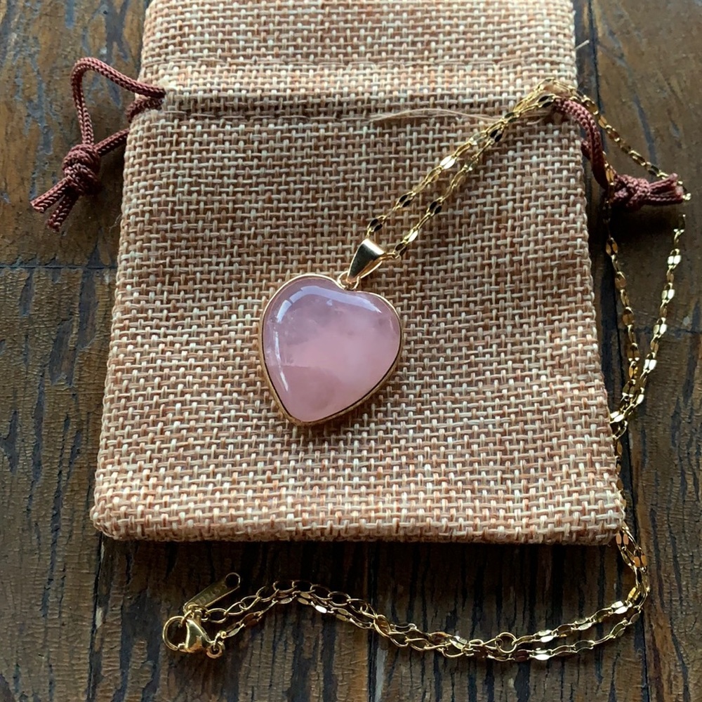 Gold plated Rose Quartz Crystal Heart with gold plated Stainless Steel Chain